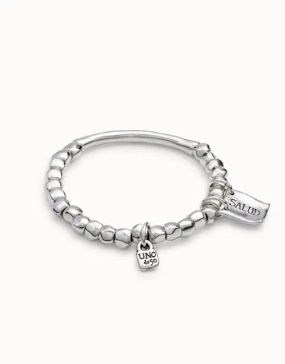 Unode50 Beaded Stretch Bracelet With Tubular Piece And Charms In Silver