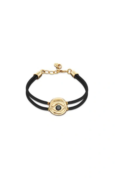 Unode50 Black Double Leather Bracelet With 18k Gold-plated Eye Detail And Crystal In Multi