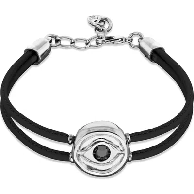 Unode50 Black Double Leather Bracelet With Silver-plated Eye Detail And Crystal In Multi