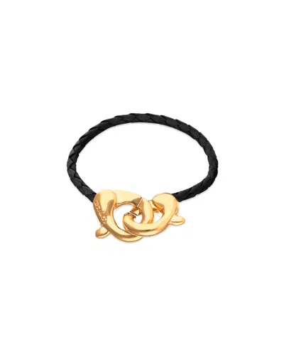 Unode50 Black Leather Men Bracelet With Gold Interlocked Carabiner