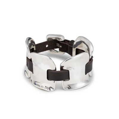 Unode50 Bold Accent Leather Bracelet In Silver