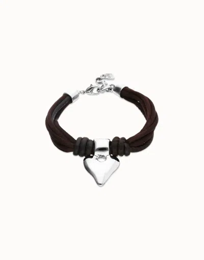 Unode50 Bracelet In Silk Thread And Brown Leather With Heart In Black