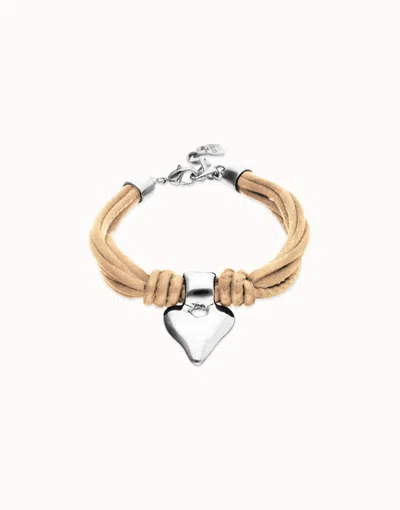 Unode50 Bracelet In Silk Thread And Camel Leather With Heart In Brown