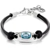 Unode50 Bracelet Leather And Metal Alloy Plated Sterling Silver With Blue Faceted Glass In Black