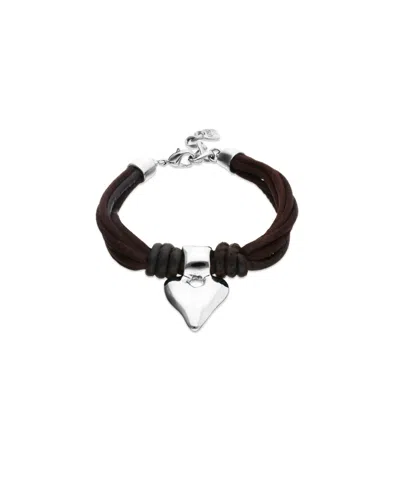 Unode50 Bracelet With Mix Of Silk Effect And Leather Brown Thread And Sterling Silver Heart Detail In Gray