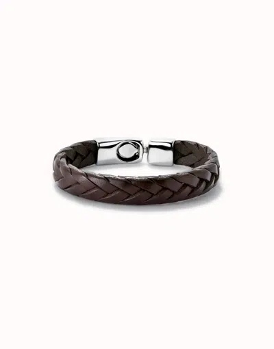 Unode50 Cognac Braided Leather Bracelet With Sterling Silver-plated Metal Alloy Clasp In Brown