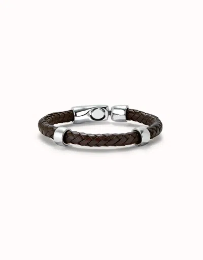 Unode50 Braided Leather Bracelet With 2 Sterling Silver-plated Circles In Black