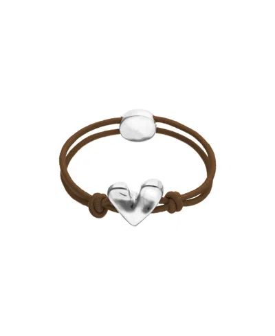 Unode50 Brown Elastic Thread Sterling Silver Plated Bracelet With Heart In Pink