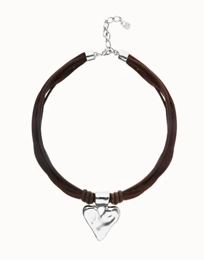Unode50 Brown Leather And Silk Thread Necklace With Heart Detail
