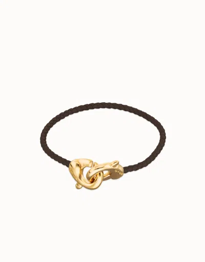 Unode50 Brown Leather Bracelet With Interlocking Carabiner In Black