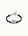 Unode50 Brown Leather Bracelet With Rectangular Blue Bead In Black