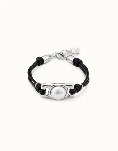 Unode50 Brown Leather Bracelet With Rectangular White Bead