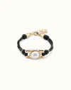 Unode50 Brown Leather Bracelet With Rectangular White Bead In Black