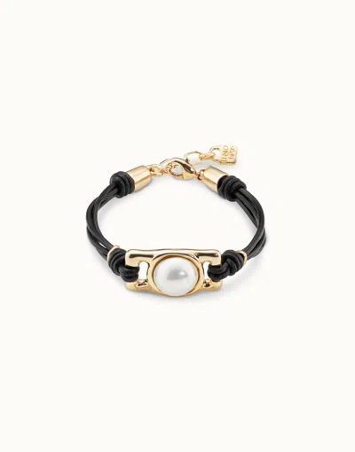 Unode50 Brown Leather Bracelet With Rectangular White Bead In Black
