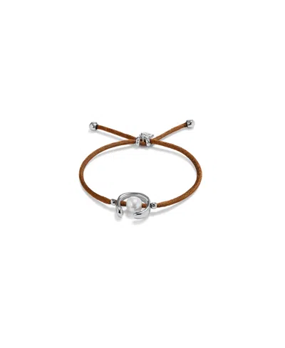Unode50 Brown Silk-style Thread Bracelet With Pearl Shell In Silver
