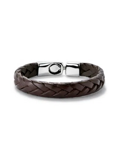 Unode50 Cognac Braided Leather Bracelet With Sterling Silver-plated Metal Alloy Clasp In Brown