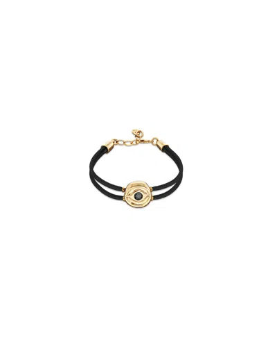 Unode50 Double Black Leather Bracelet With A Metal Alloy Eye Detail Pleated In Gold 18k And Crystal