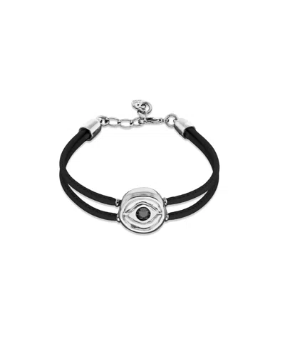 Unode50 Double Black Leather Bracelet With A Metal Alloy Eye Detail Pleated In Gold 18k And Crystal In Multi