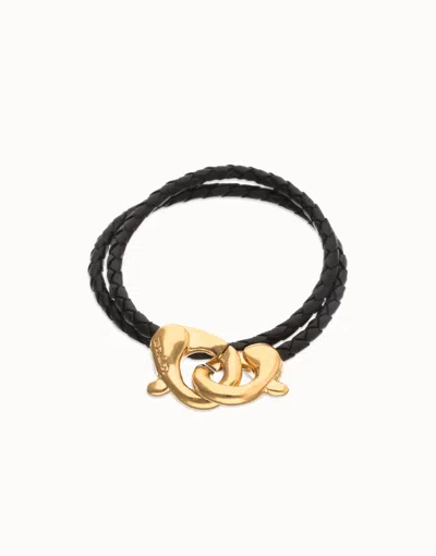 Unode50 Double Black Leather Bracelet With Interlocking Carabiner