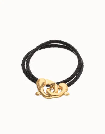 Unode50 Double Black Leather Bracelet With Interlocking Carabiner