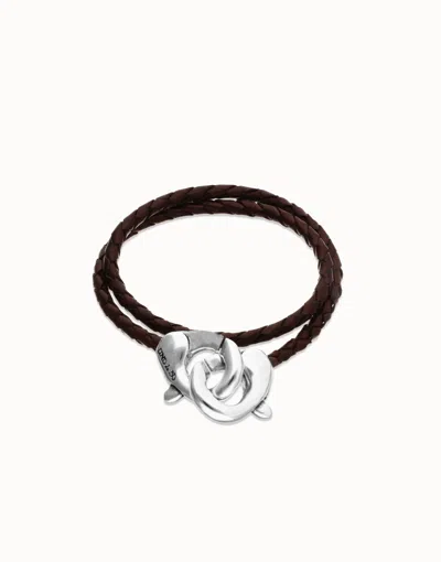 Unode50 Double Brown Leather Bracelet With Interlocking Carabiner In Black