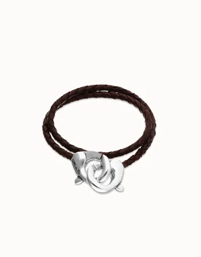 Unode50 Double Brown Leather Bracelet With Interlocking Carabiner In Black