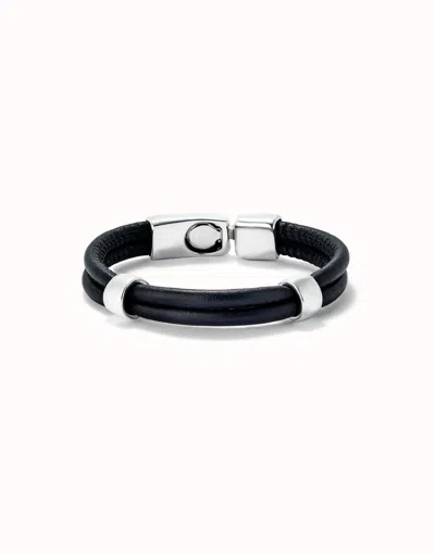 Unode50 Double Leather Bracelet With 2 Sterling Silver Plated Circles In Blue