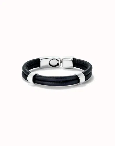 Unode50 Double Leather Bracelet With 2 Sterling Silver Plated Circles In Black