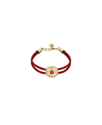 Unode50 Double Red Leather Bracelet With A Metal Alloy Eye Detail Pleated In Gold 18k And Crystal