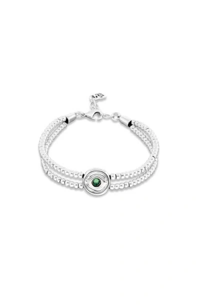 Unode50 Double Silver-plated Ball Bracelet With Eye Detail And Green Crystal In Metallic