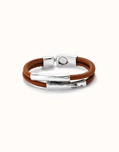 Unode50 Double Strand Lether Bracelet With Two Tubes In Brown