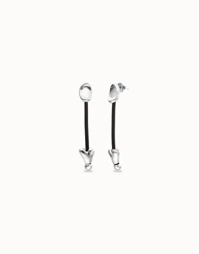 Unode50 Drop Earrings With Leather And Chained Hearts In Metallic
