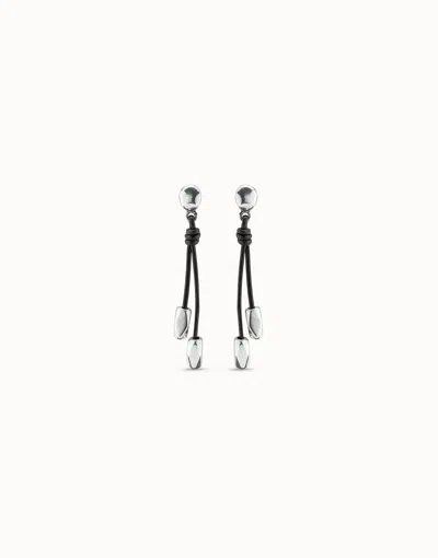 Unode50 Drop Leather Earrings In Silver
