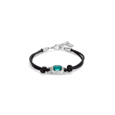 Unode50 Green Crystal Leather Bracelet In Silver