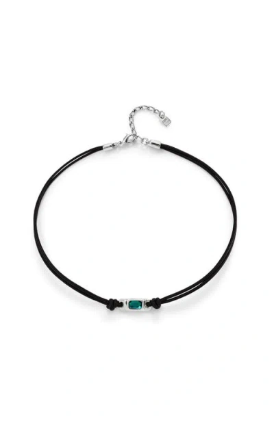 Unode50 Green Crystal Leather Necklace In Silver