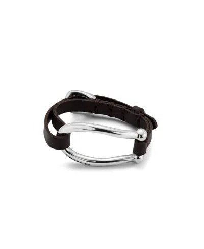 Unode50 Large Central Link Leather Bracelet In Silver