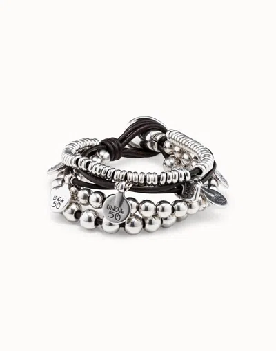 Unode50 Leather Beaded Bracelet With Charms In Silver