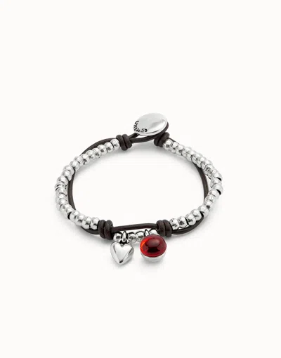 Unode50 Leather Beaded Bracelet With Red Murano Glass In Metallic