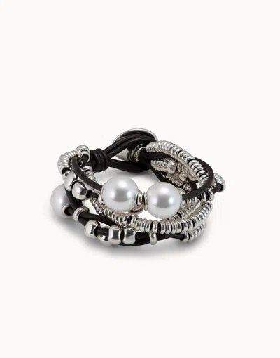 Unode50 Leather Beaed Bracelet With Pearls In White