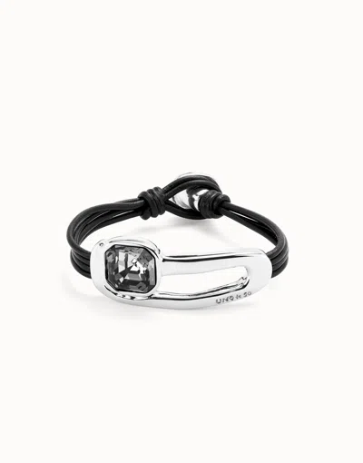 Unode50 Leather Bracelet With A Black Crystal In Silver