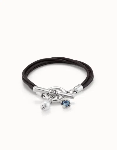 Unode50 Leather Bracelet With A Crystal And A Pearl In Silver