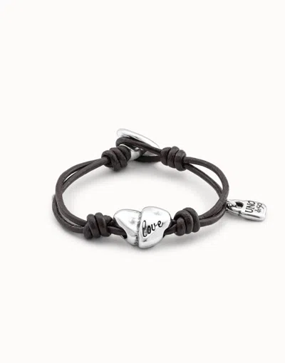 Unode50 Leather Bracelet With A Heart In Silver