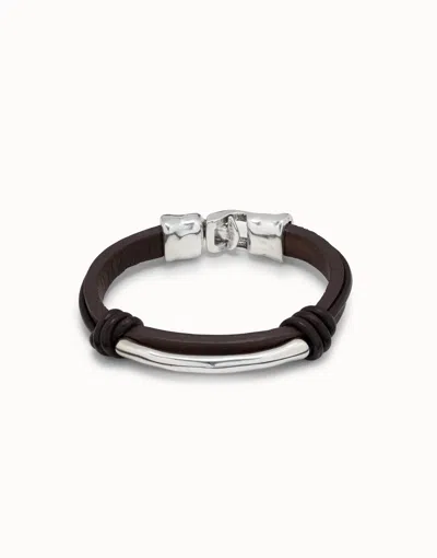 Unode50 Leather Bracelet With A Tube In The Center In Silver