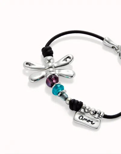 Unode50 Leather Bracelet With Dragonfly In Silver