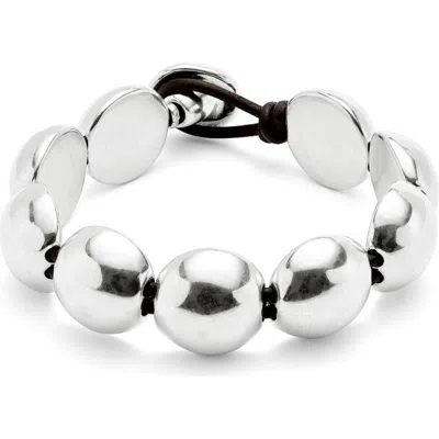 Unode50 Leather Bracelet With Large Metal Alloy Beads Plated In Silver