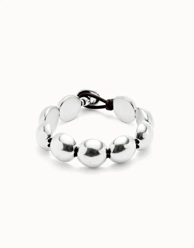 Unode50 Leather Bracelet With Large Round Beads In Silver