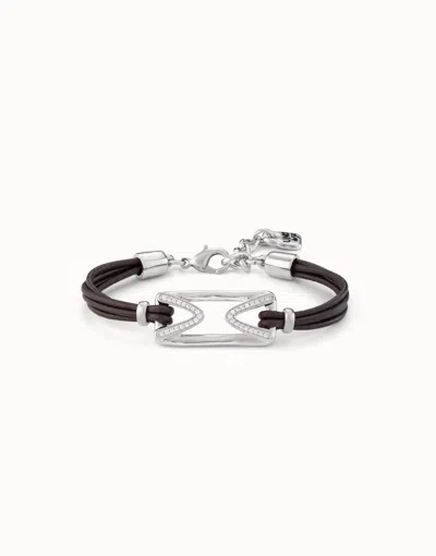 Unode50 Leather Bracelet With Rectangular Central Link With Topaz In White