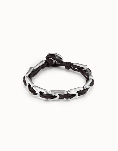Unode50 Leather Bracelet With Rectangular Links In Silver