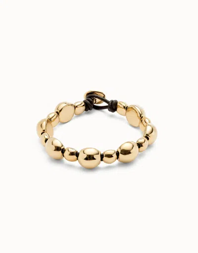 Unode50 Leather Bracelet With Round Beads In Gold