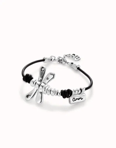 Unode50 Leather Bracelet With Sterling Silver-plated Dragonfly